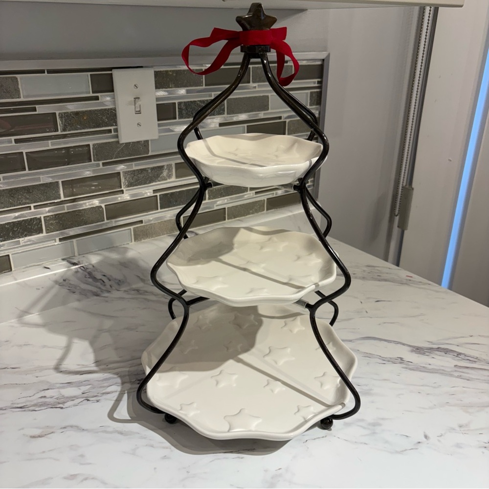 Princess House 3 Tier Christmas Tree Serving Tray white star embossed plates - Picture 6 of 15